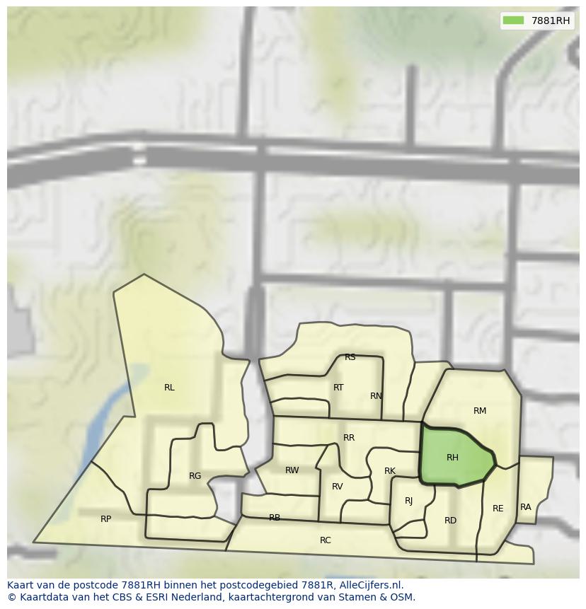 Afbeelding van het postcodegebied 7881 RH op de kaart.