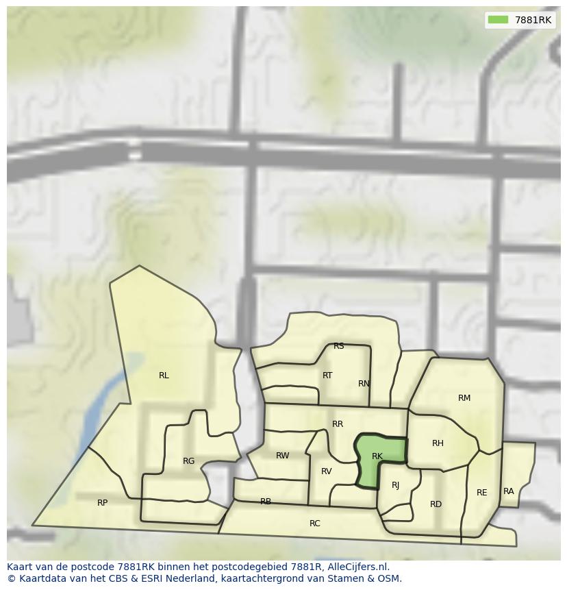 Afbeelding van het postcodegebied 7881 RK op de kaart.
