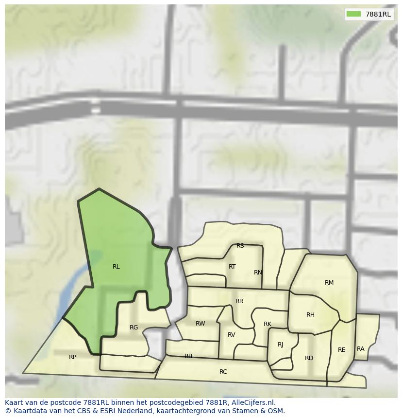Afbeelding van het postcodegebied 7881 RL op de kaart.