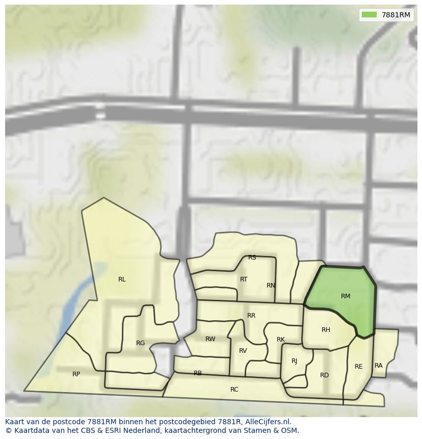 Afbeelding van het postcodegebied 7881 RM op de kaart.