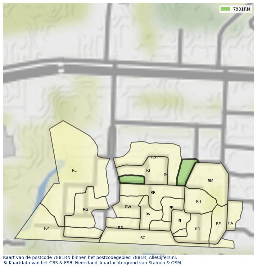 Afbeelding van het postcodegebied 7881 RN op de kaart.