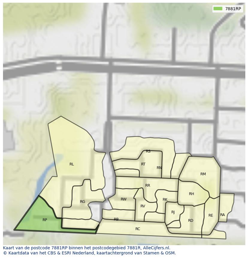 Afbeelding van het postcodegebied 7881 RP op de kaart.