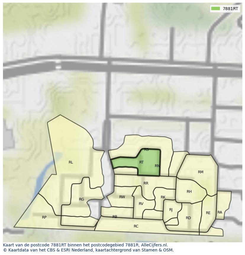 Afbeelding van het postcodegebied 7881 RT op de kaart.