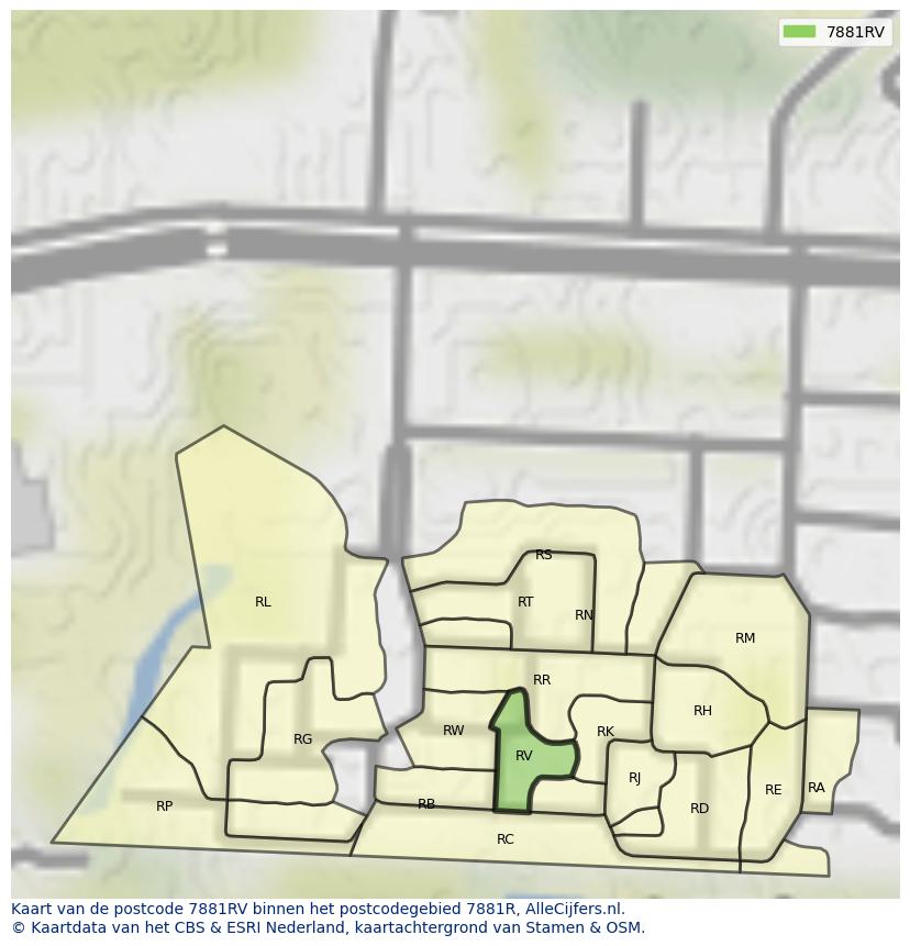 Afbeelding van het postcodegebied 7881 RV op de kaart.
