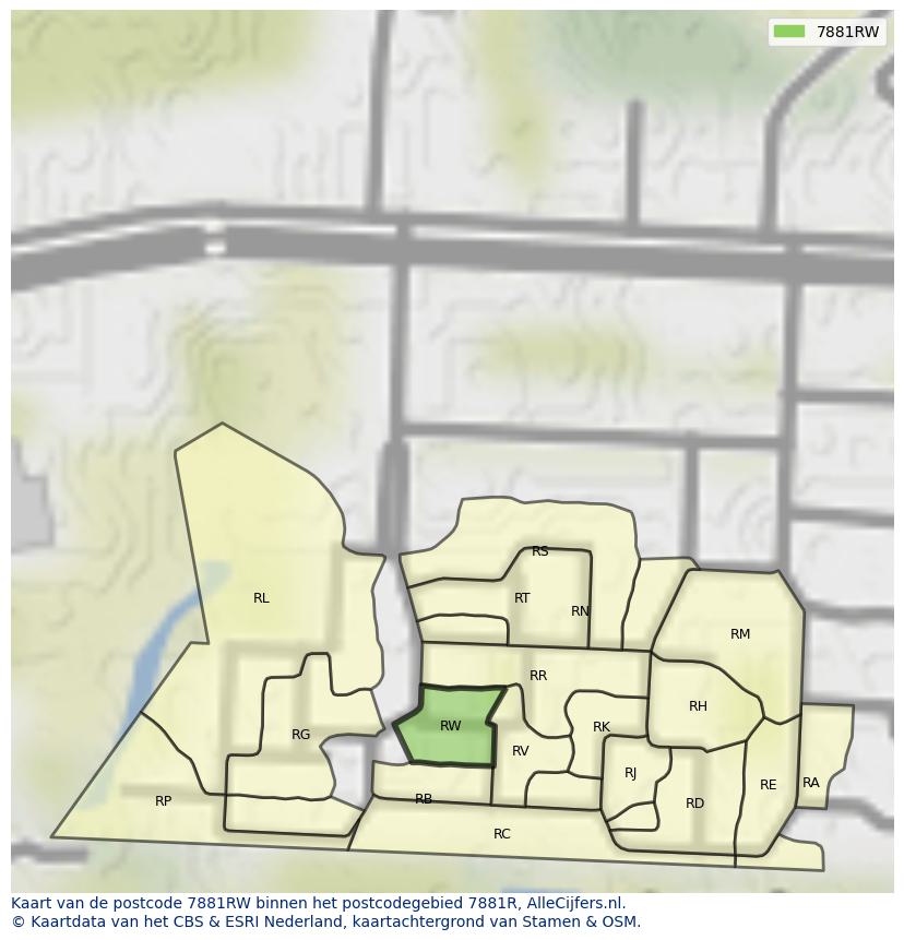 Afbeelding van het postcodegebied 7881 RW op de kaart.