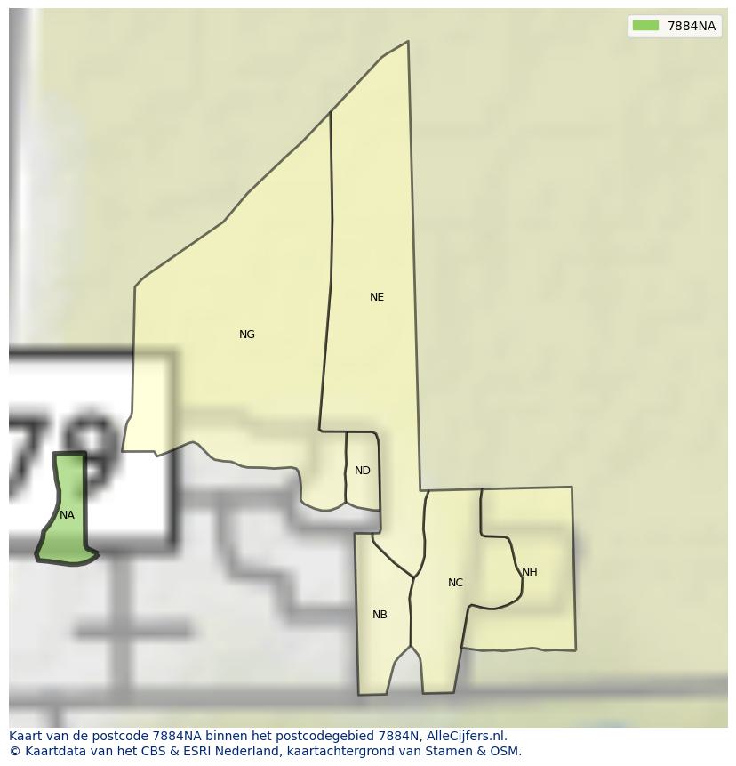 Afbeelding van het postcodegebied 7884 NA op de kaart.