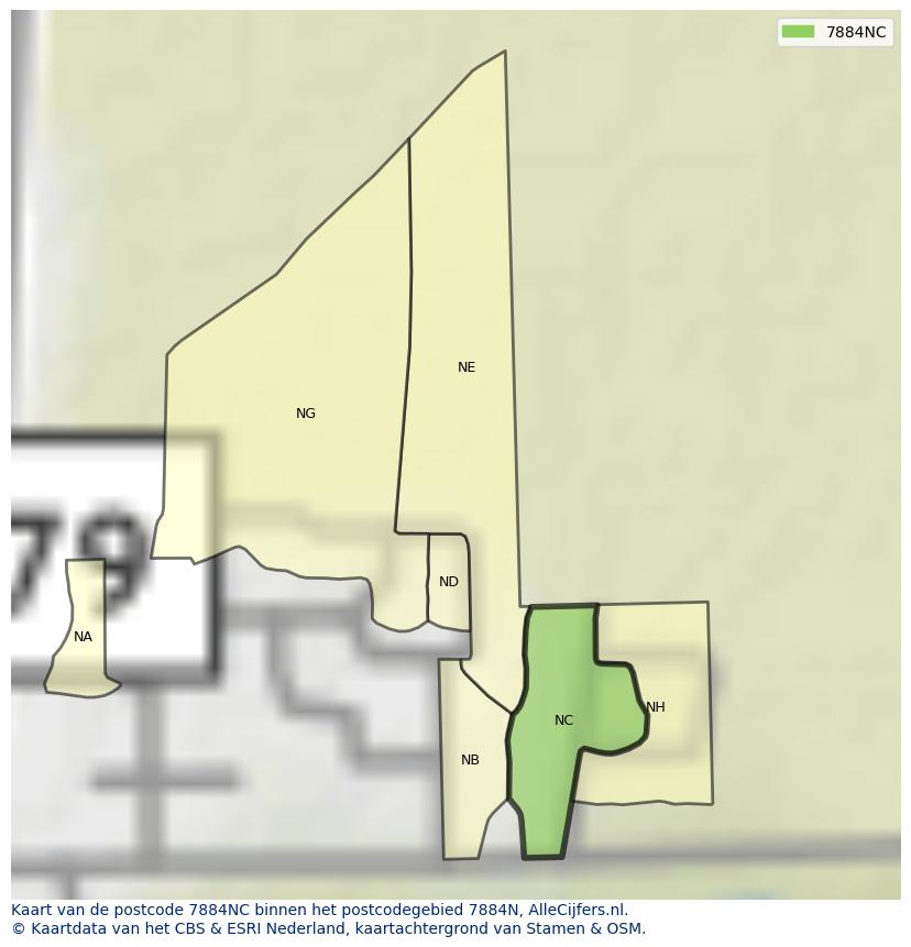 Afbeelding van het postcodegebied 7884 NC op de kaart.