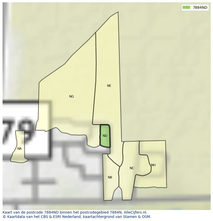 Afbeelding van het postcodegebied 7884 ND op de kaart.