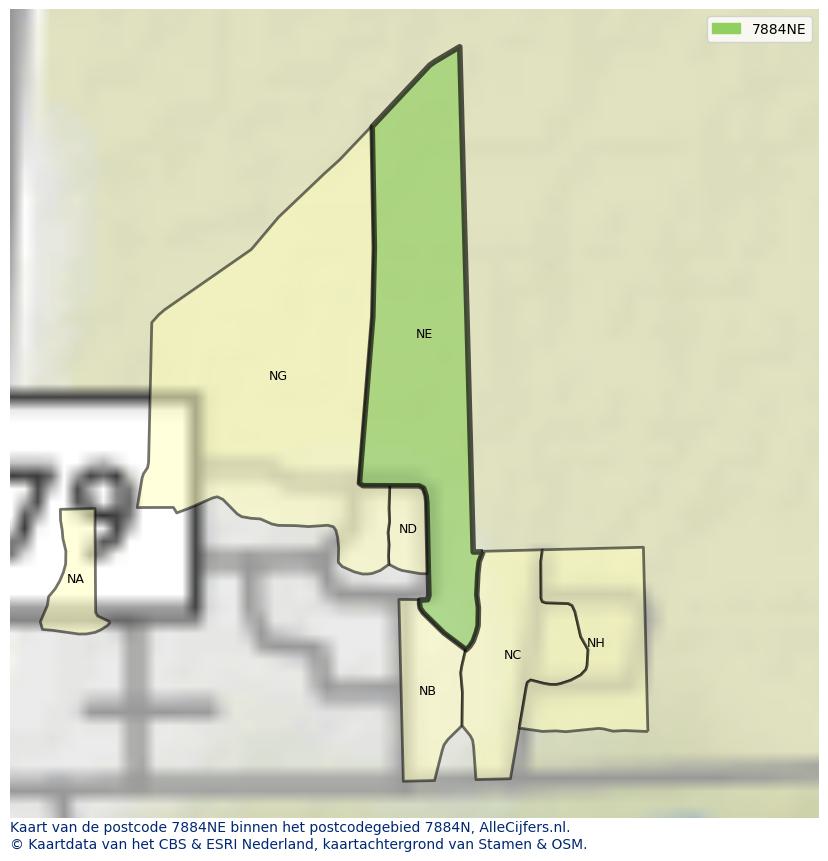 Afbeelding van het postcodegebied 7884 NE op de kaart.