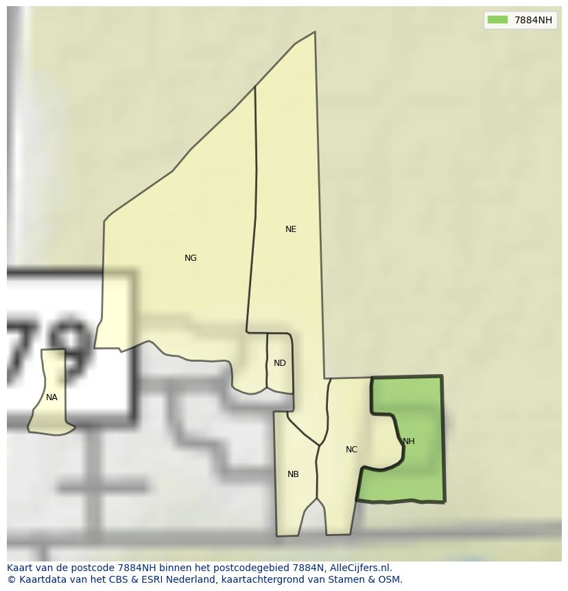 Afbeelding van het postcodegebied 7884 NH op de kaart.