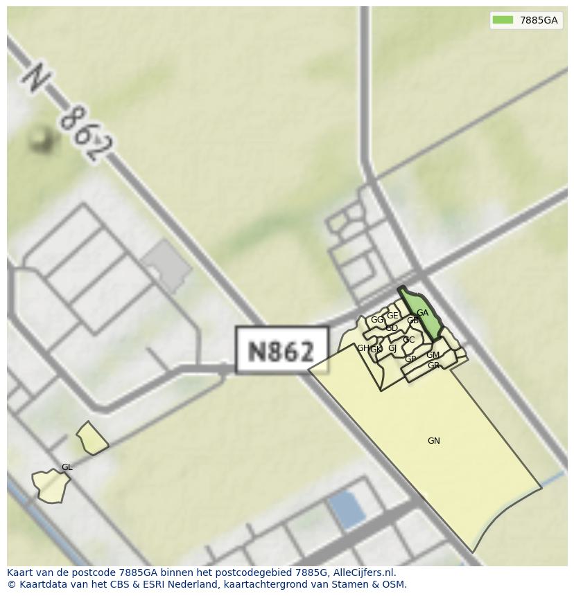 Afbeelding van het postcodegebied 7885 GA op de kaart.