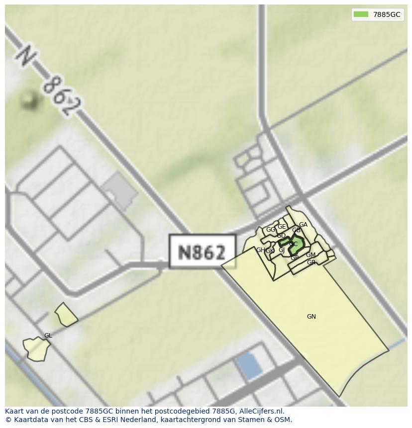 Afbeelding van het postcodegebied 7885 GC op de kaart.