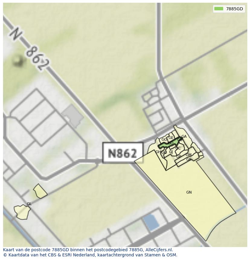 Afbeelding van het postcodegebied 7885 GD op de kaart.
