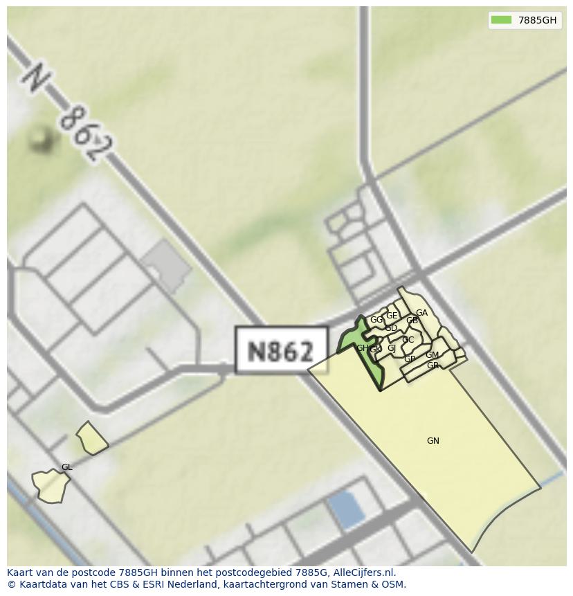 Afbeelding van het postcodegebied 7885 GH op de kaart.