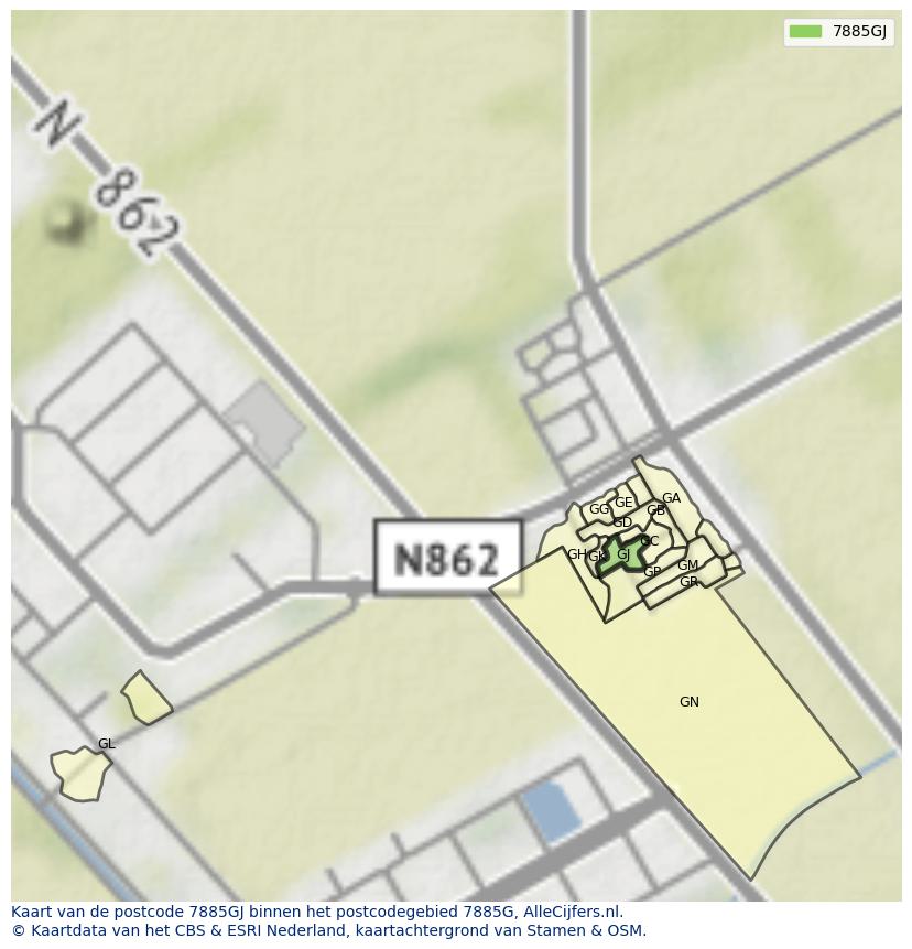 Afbeelding van het postcodegebied 7885 GJ op de kaart.