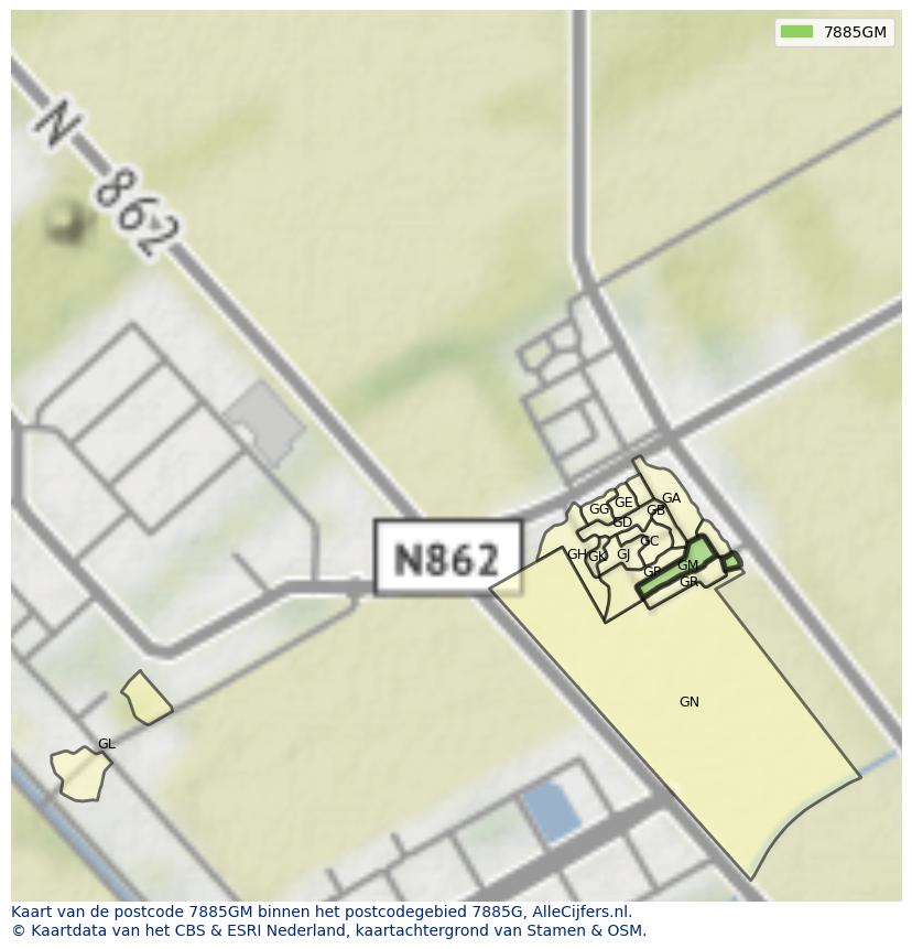 Afbeelding van het postcodegebied 7885 GM op de kaart.