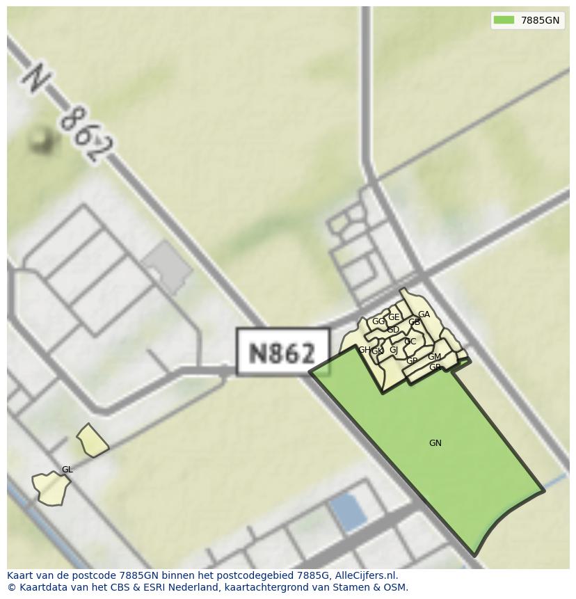 Afbeelding van het postcodegebied 7885 GN op de kaart.