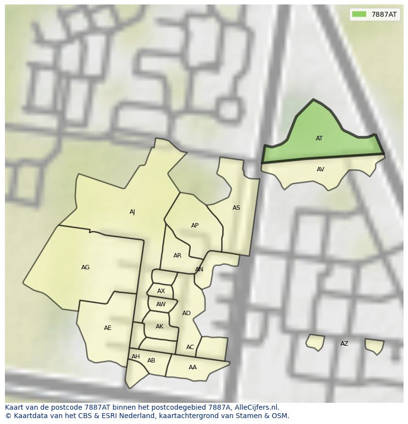 Afbeelding van het postcodegebied 7887 AT op de kaart.