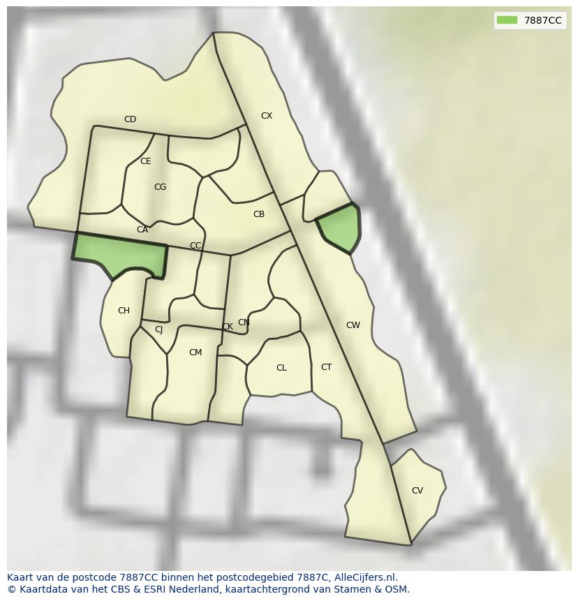 Afbeelding van het postcodegebied 7887 CC op de kaart.