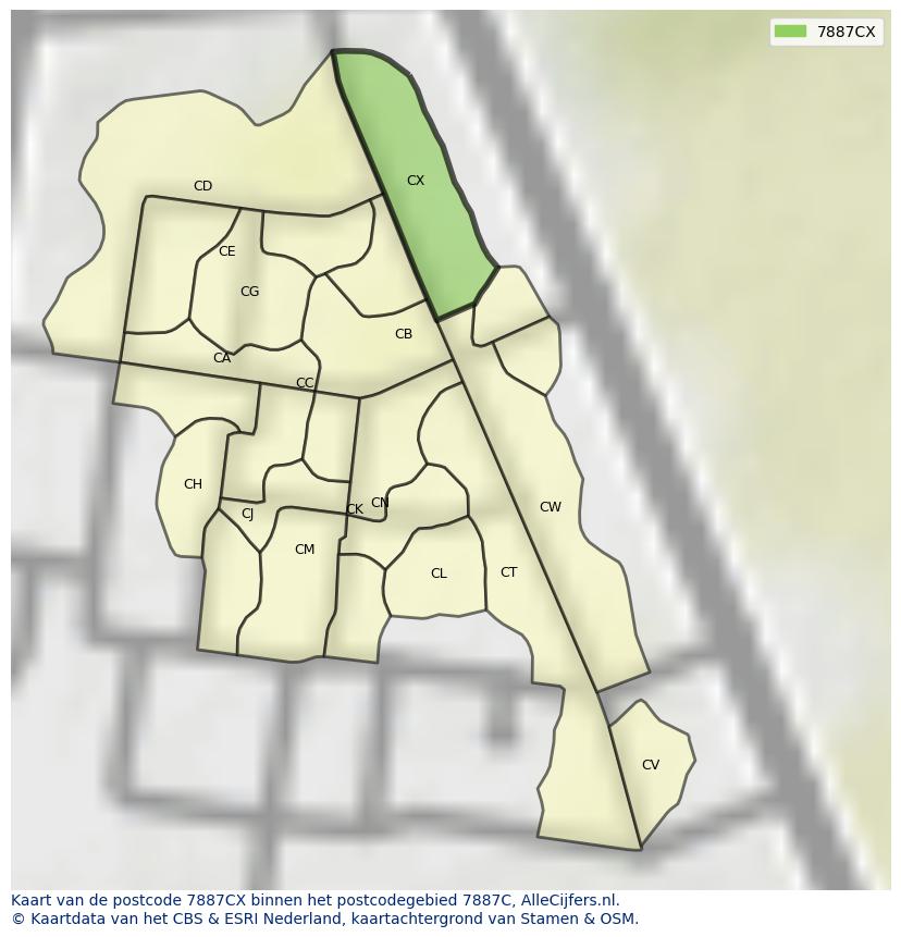 Afbeelding van het postcodegebied 7887 CX op de kaart.
