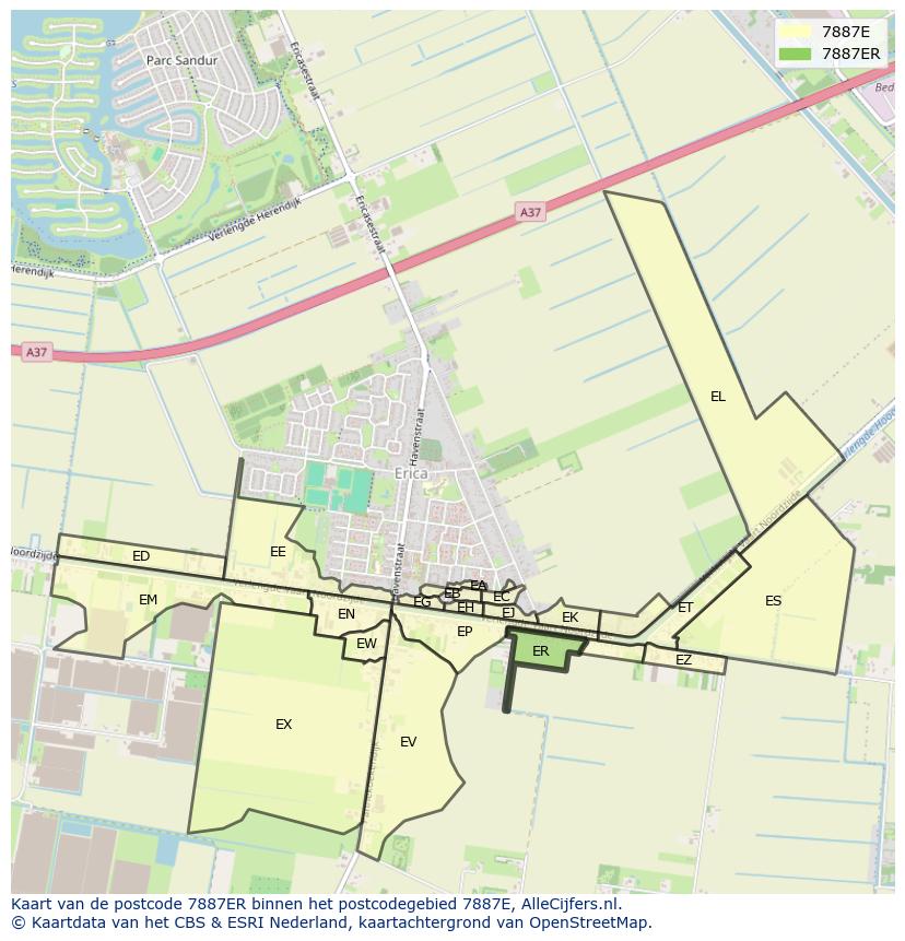 Afbeelding van het postcodegebied 7887 ER op de kaart.