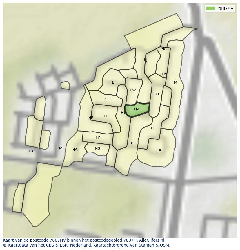 Afbeelding van het postcodegebied 7887 HV op de kaart.