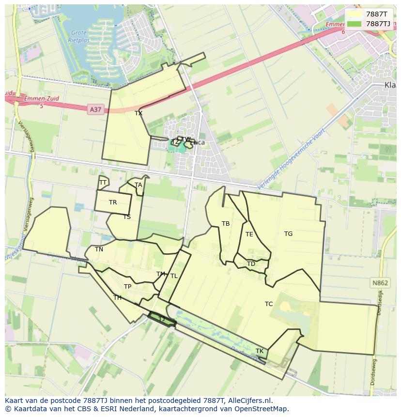 Afbeelding van het postcodegebied 7887 TJ op de kaart.