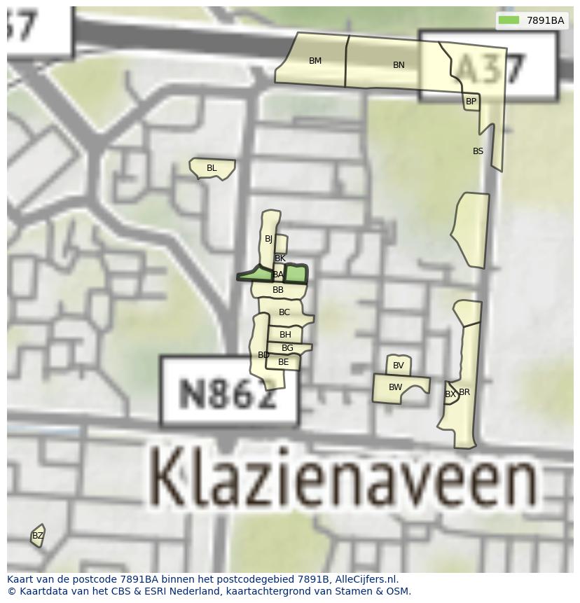 Afbeelding van het postcodegebied 7891 BA op de kaart.