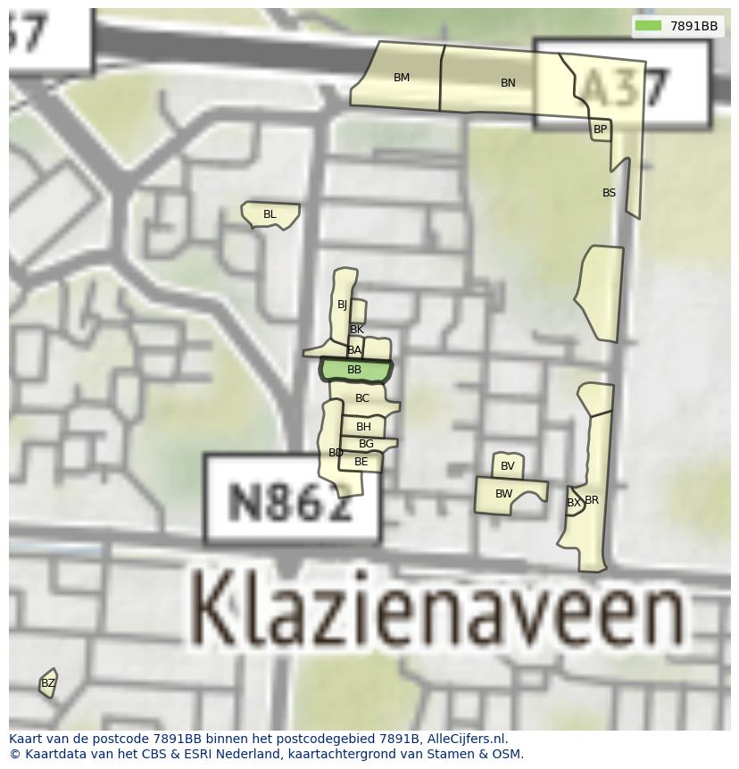 Afbeelding van het postcodegebied 7891 BB op de kaart.