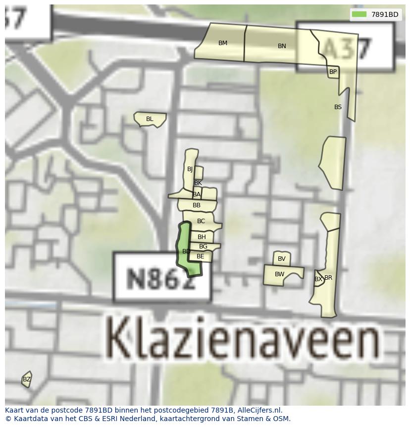 Afbeelding van het postcodegebied 7891 BD op de kaart.