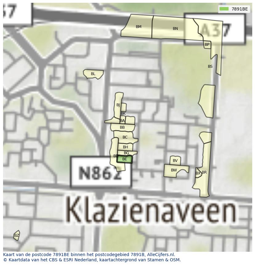 Afbeelding van het postcodegebied 7891 BE op de kaart.