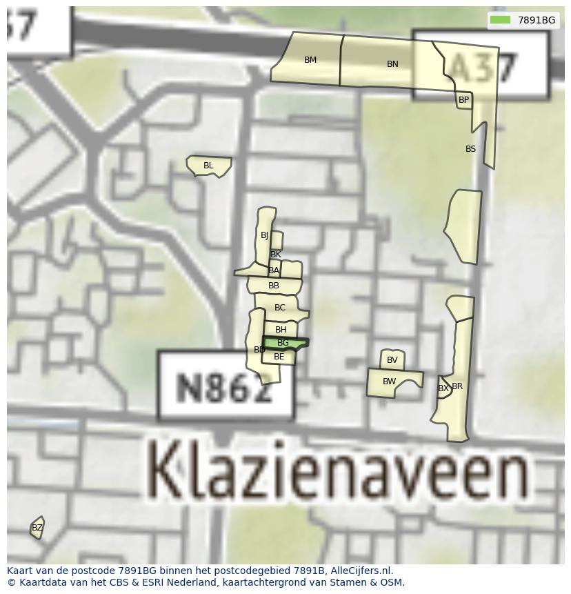 Afbeelding van het postcodegebied 7891 BG op de kaart.