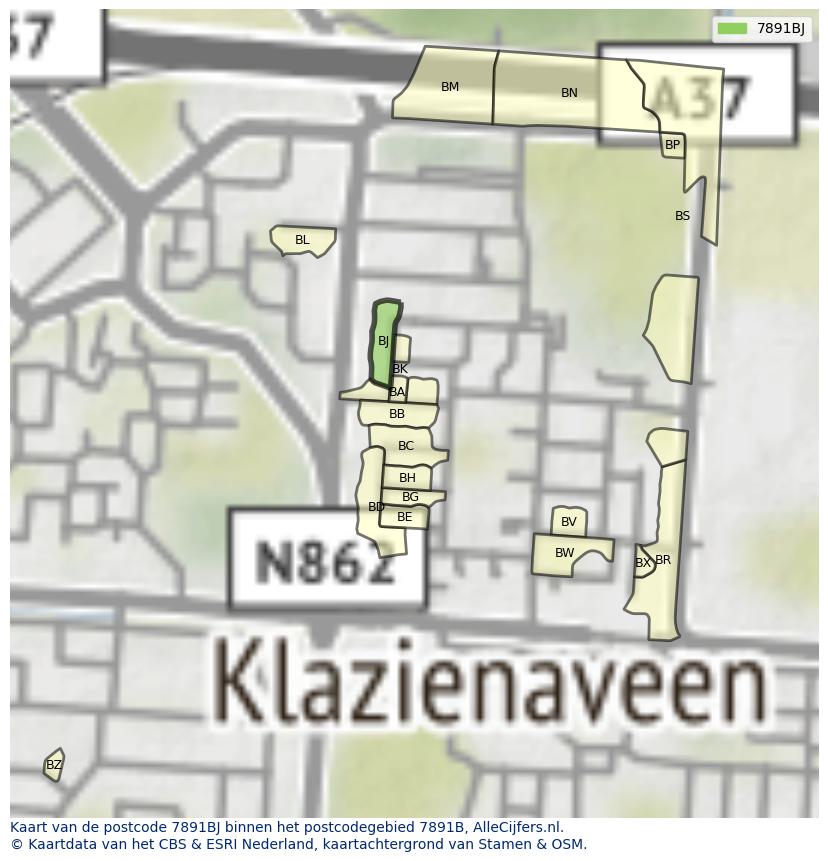 Afbeelding van het postcodegebied 7891 BJ op de kaart.