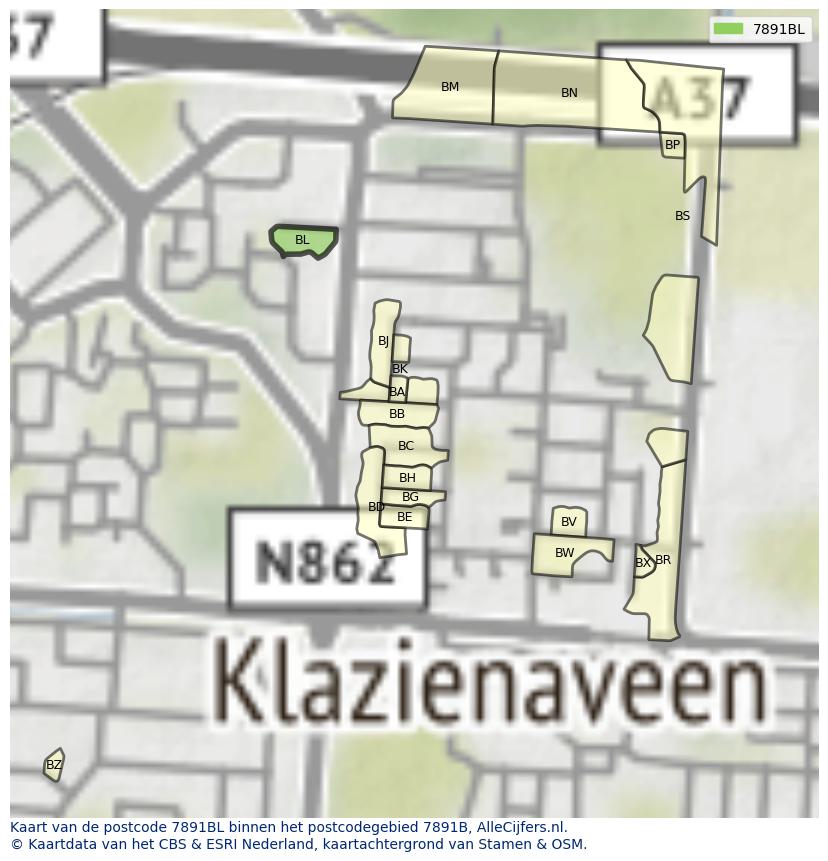 Afbeelding van het postcodegebied 7891 BL op de kaart.