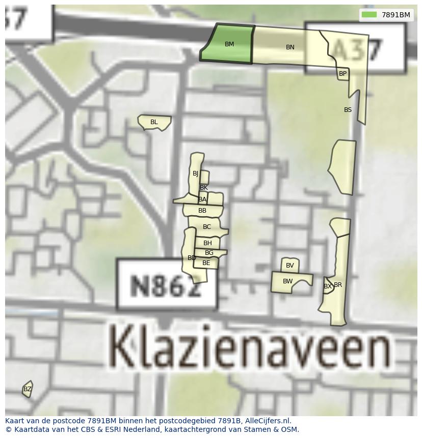Afbeelding van het postcodegebied 7891 BM op de kaart.