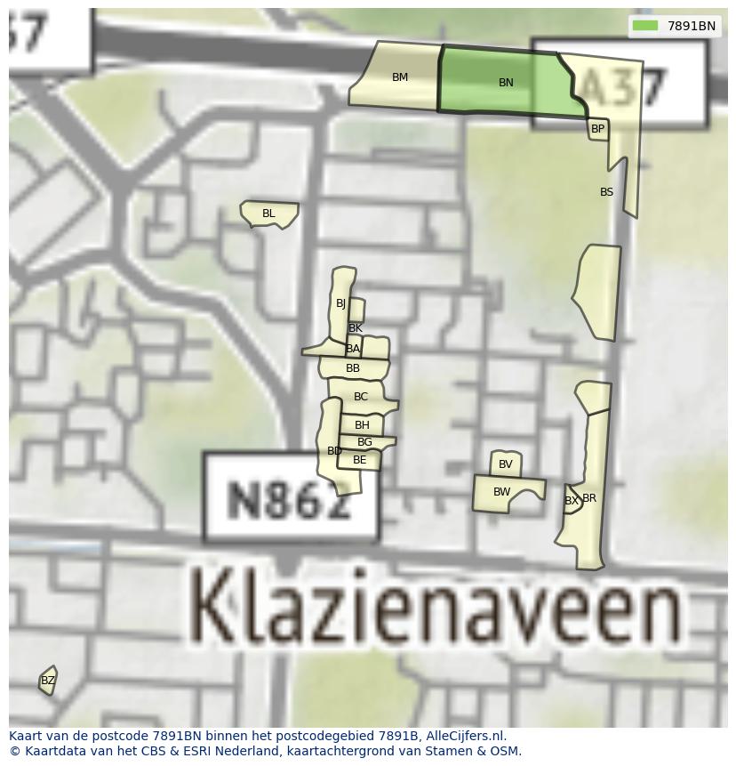Afbeelding van het postcodegebied 7891 BN op de kaart.