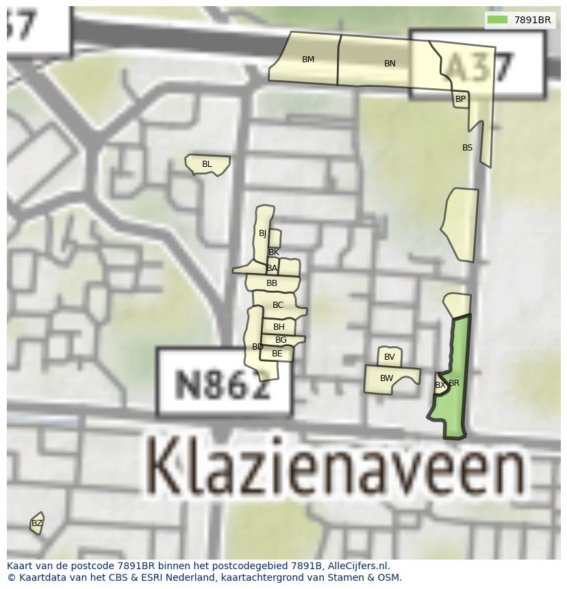 Afbeelding van het postcodegebied 7891 BR op de kaart.
