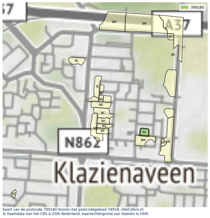 Afbeelding van het postcodegebied 7891 BV op de kaart.