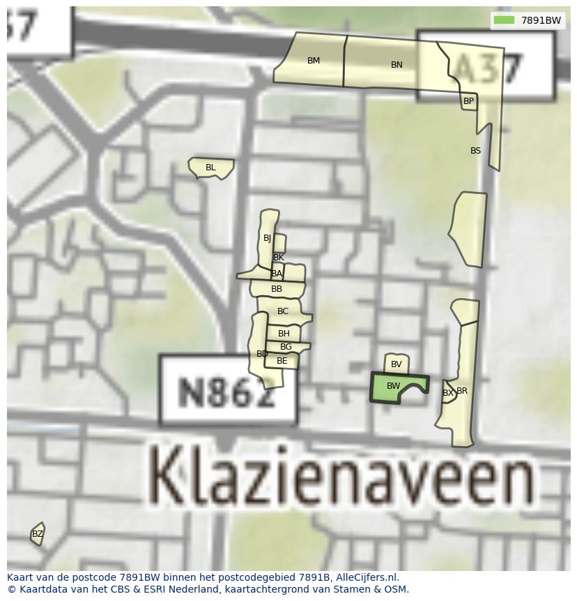 Afbeelding van het postcodegebied 7891 BW op de kaart.