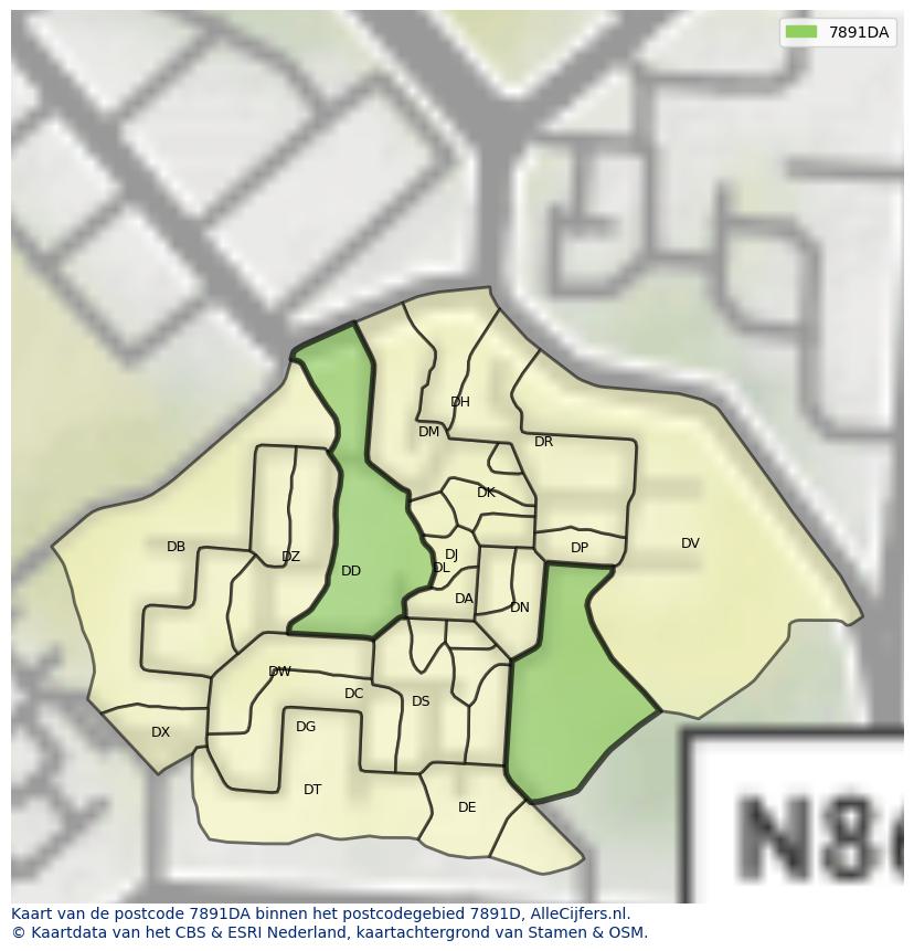 Afbeelding van het postcodegebied 7891 DA op de kaart.