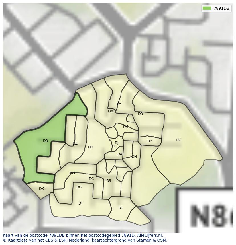 Afbeelding van het postcodegebied 7891 DB op de kaart.