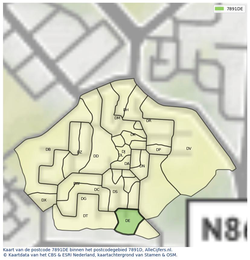 Afbeelding van het postcodegebied 7891 DE op de kaart.