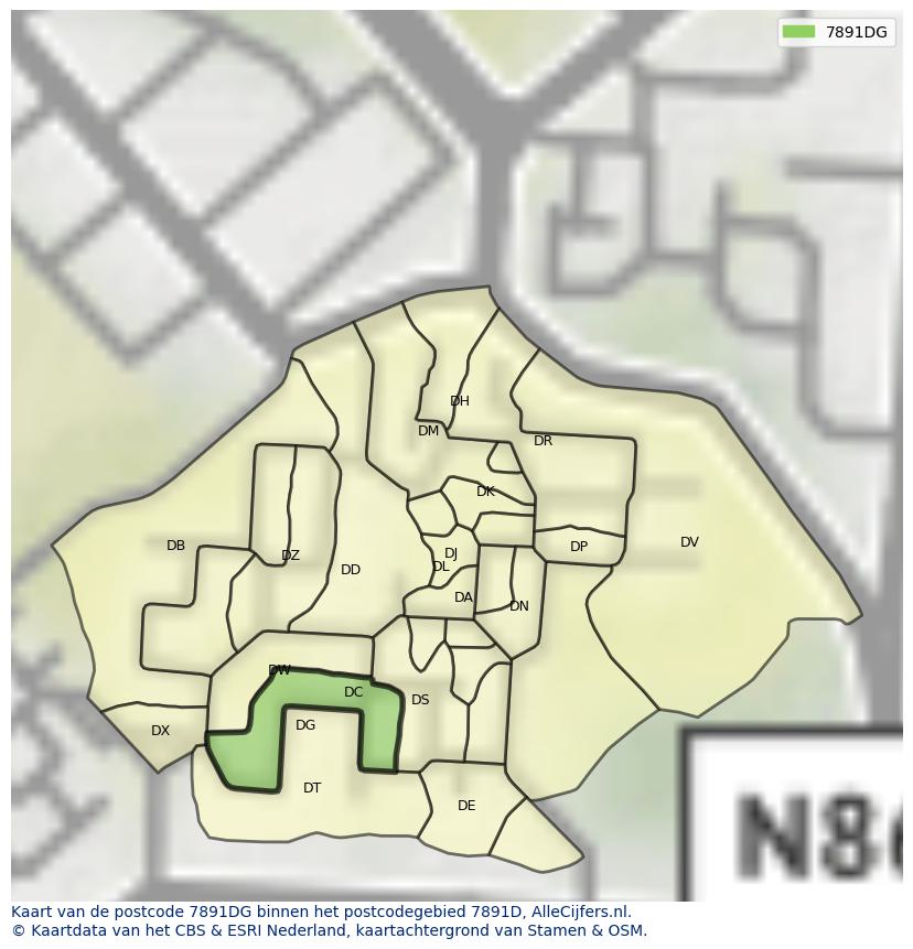 Afbeelding van het postcodegebied 7891 DG op de kaart.