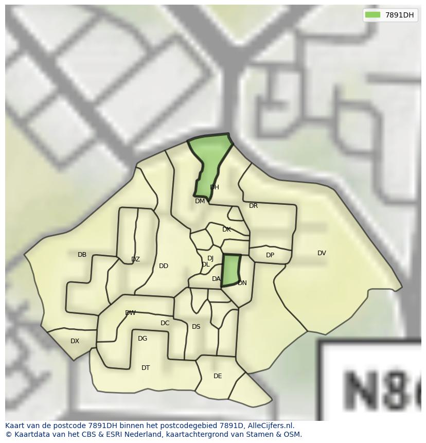 Afbeelding van het postcodegebied 7891 DH op de kaart.