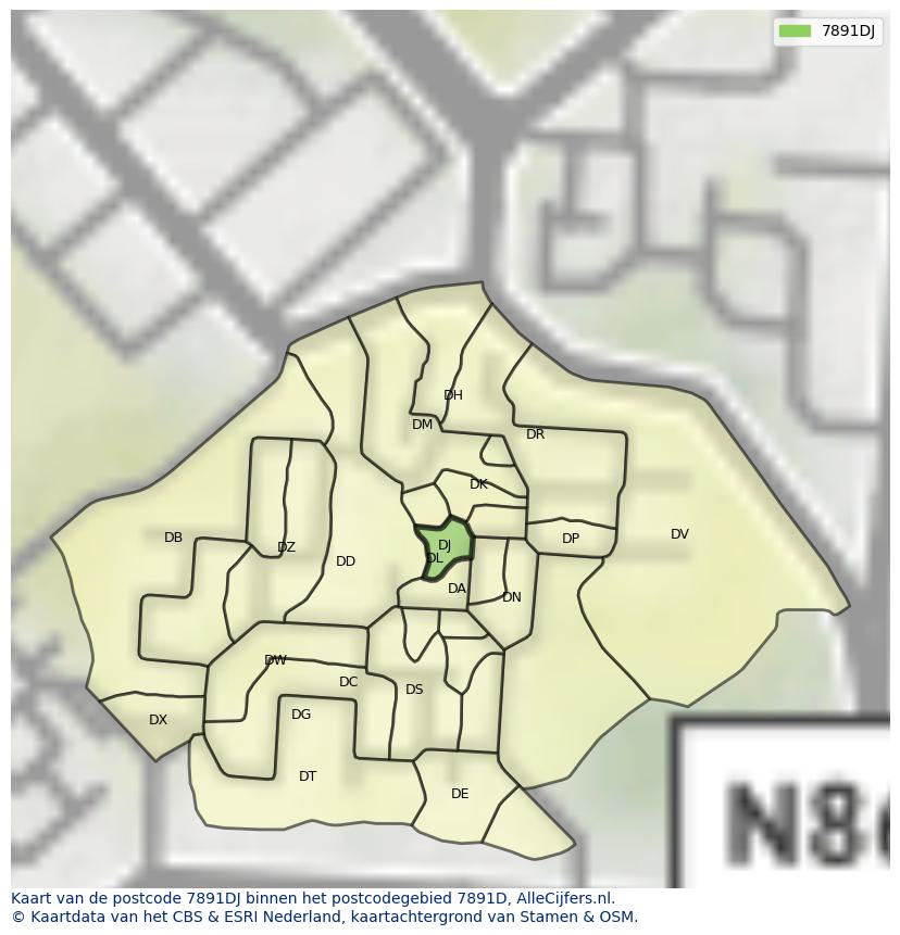 Afbeelding van het postcodegebied 7891 DJ op de kaart.