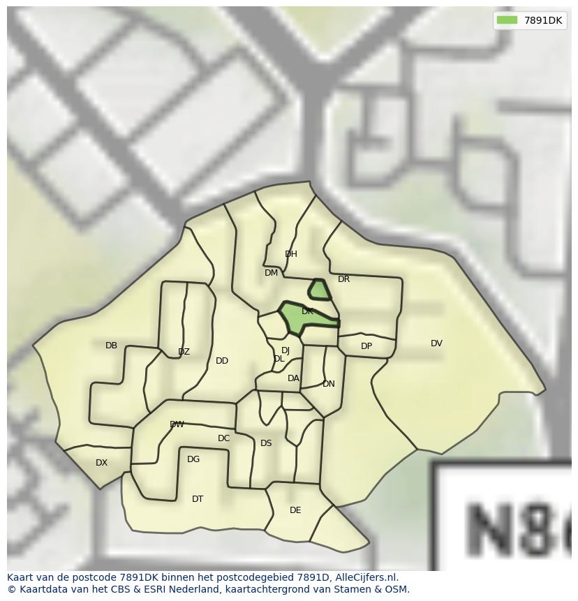 Afbeelding van het postcodegebied 7891 DK op de kaart.