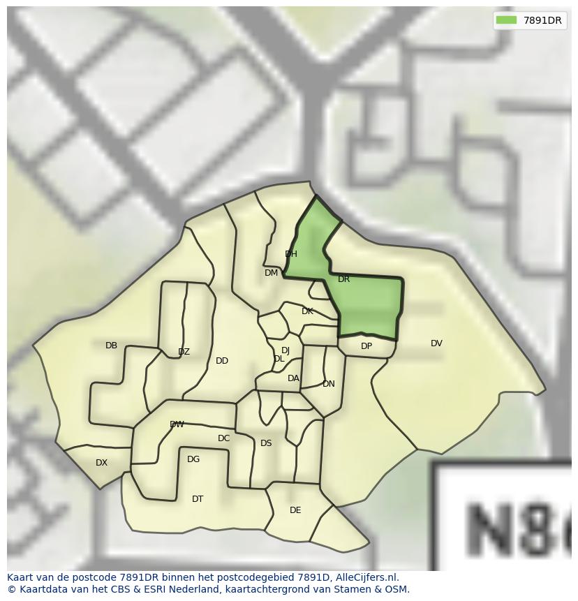 Afbeelding van het postcodegebied 7891 DR op de kaart.