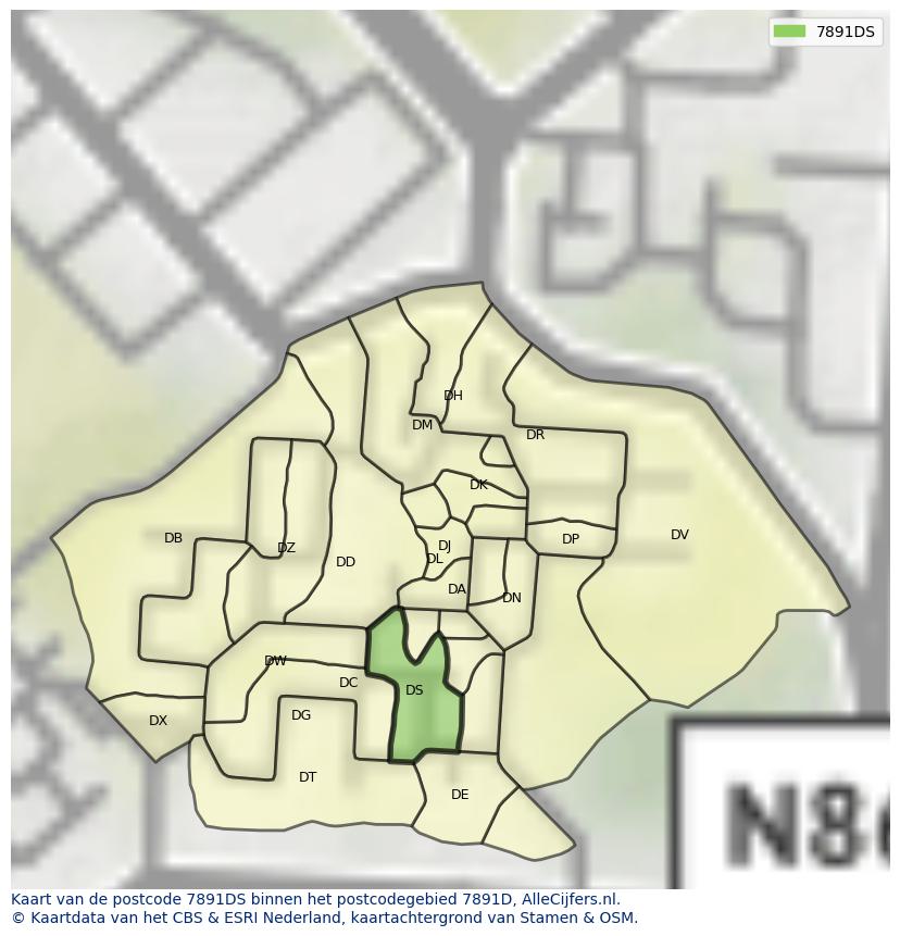 Afbeelding van het postcodegebied 7891 DS op de kaart.