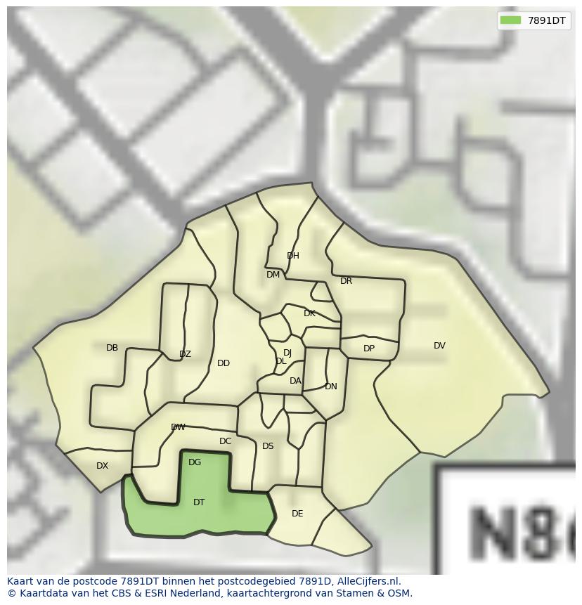 Afbeelding van het postcodegebied 7891 DT op de kaart.