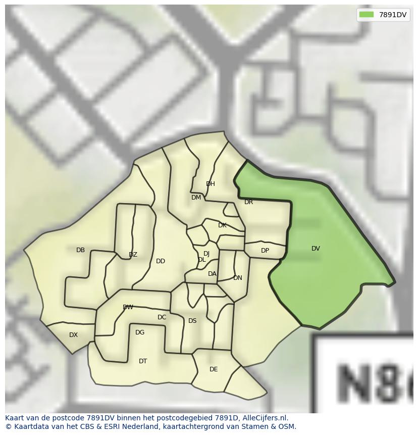 Afbeelding van het postcodegebied 7891 DV op de kaart.